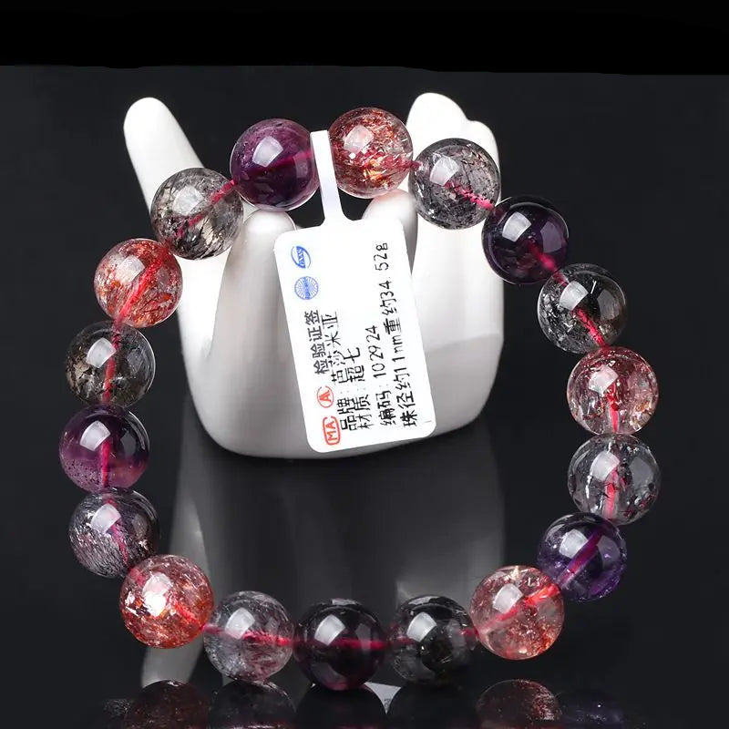 Natural Super Seven Crystal Beaded Bracelet – Amethyst and Strawberry Quartz Jewelry for Men and Women