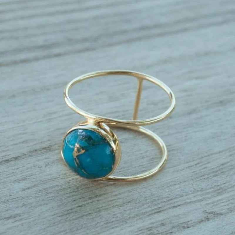  New Bohemian Large Round Turquoise Stone Rings for Women Vintage Double Layer Ring Retro  Jewelry Boho Band Ring