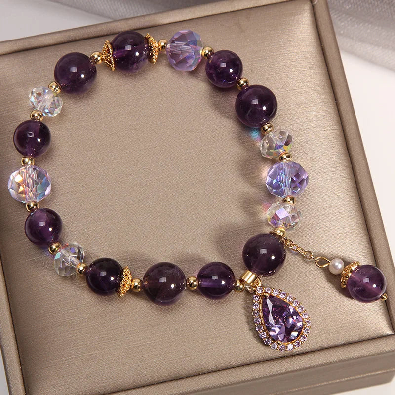 New Purple Crystal Beaded Bracelets For Women Shiny Zircon Flower Water Drop Charm