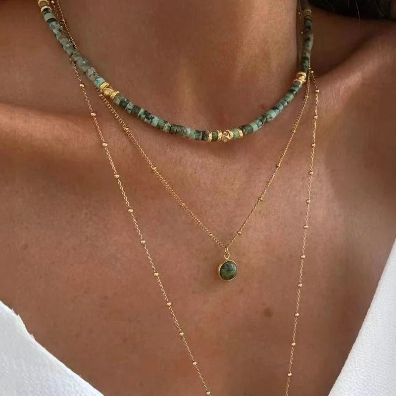 Classic Versatile Moss Agate Turquoise Natural Stone Necklace Copper Alloy Big Hole Bead Decoration Charming Ethnic Jewelry