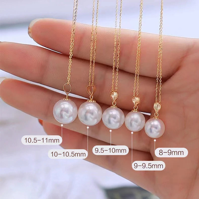 Real 18K Yellow Gold Necklace Pendant Round Natural Freshwater Pearl Pure AU750 Fine Jewelry for Women