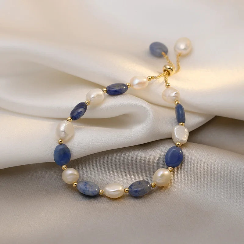 Trendy Blue Jade Stone & Baroque Freshwater Pearl 14K Gold Filled Female Charm Bracelet Jewelry For Women