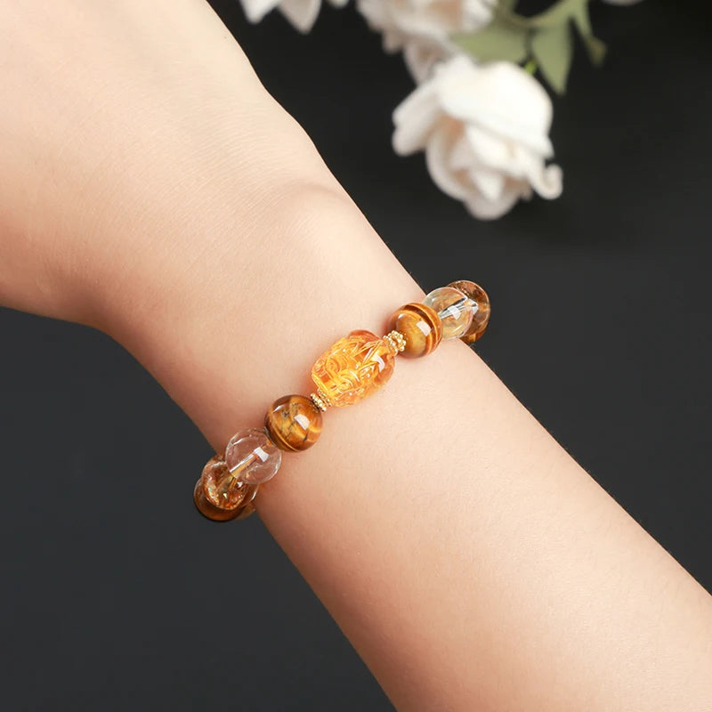 Natural Yellow Tiger Eye Stone Citrine Beeswax Pixiu Wealth Lucky Bracelet Women Men New Design Handmade Feng Shui Jewelry