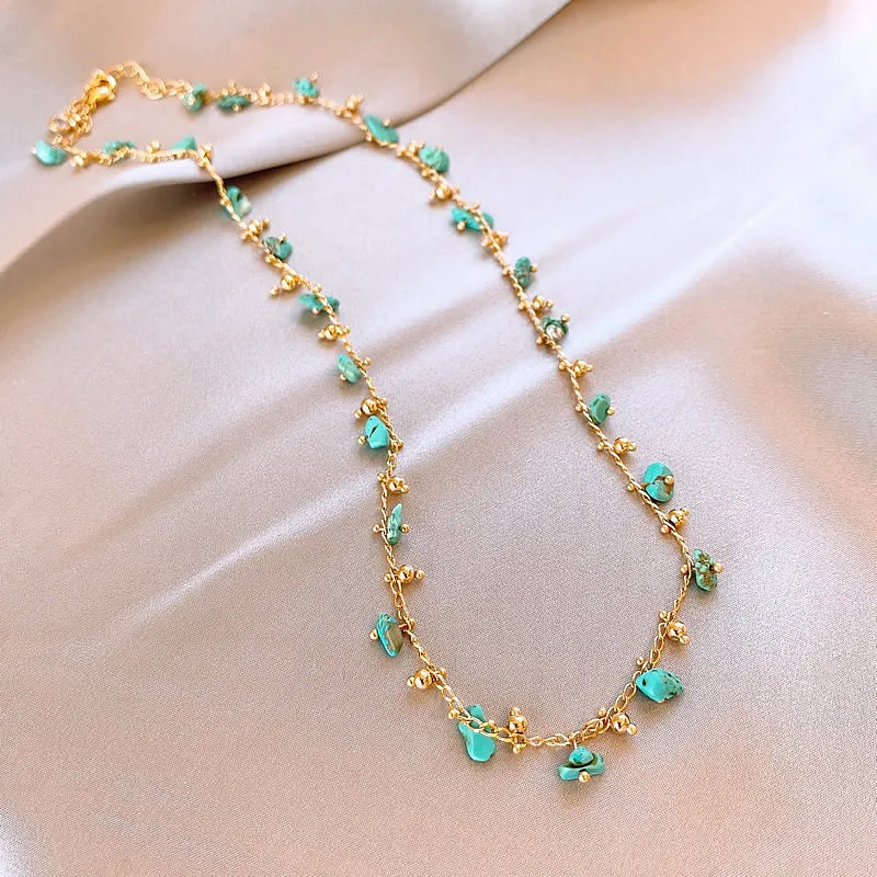 Natural Irregular Green Stone Pendant Gold Color Chain Necklace  Fashion Jewelry For Women's Neckchain Neck Accessories