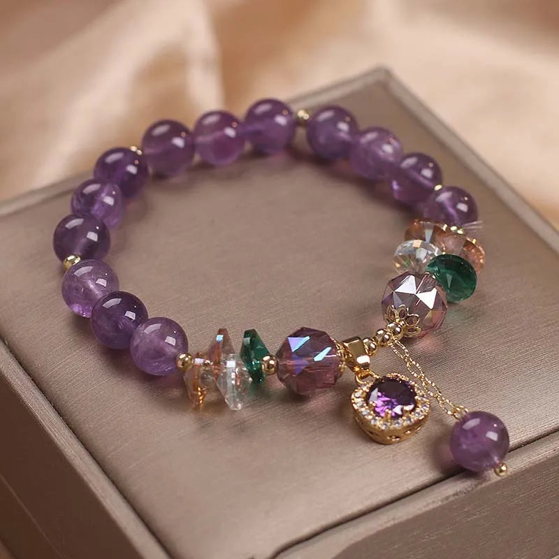 Natural Amethyst Beaded Flower Bracelet For WomenLuminous Zircon Pendant Retro Elegant Blessing Card Gift Woven Jewelry