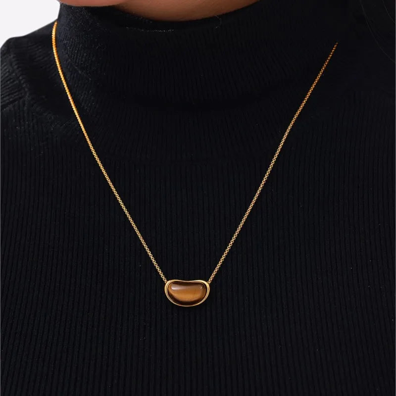 Tiger Eye Stone Pendant Necklace For Women Stainless Steel 18K Gold Plated Waterproof Women's Necklaces Girls Neck Chain Choker