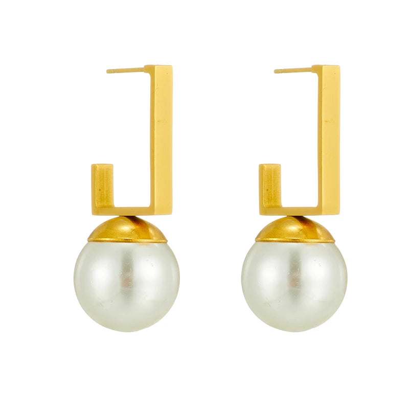 316L Stainless Steel Geometric Pearl Stud Earrings For Women Luxury Designer Fashion Gold Color Ear Jewelry Party Gift