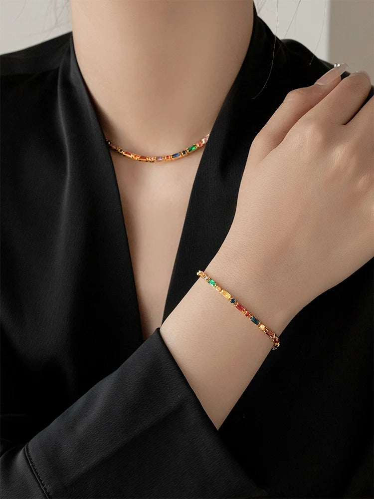 Colorful Zircon Chain Necklace Bracelet Jewelry Sets  Fashion Accessories