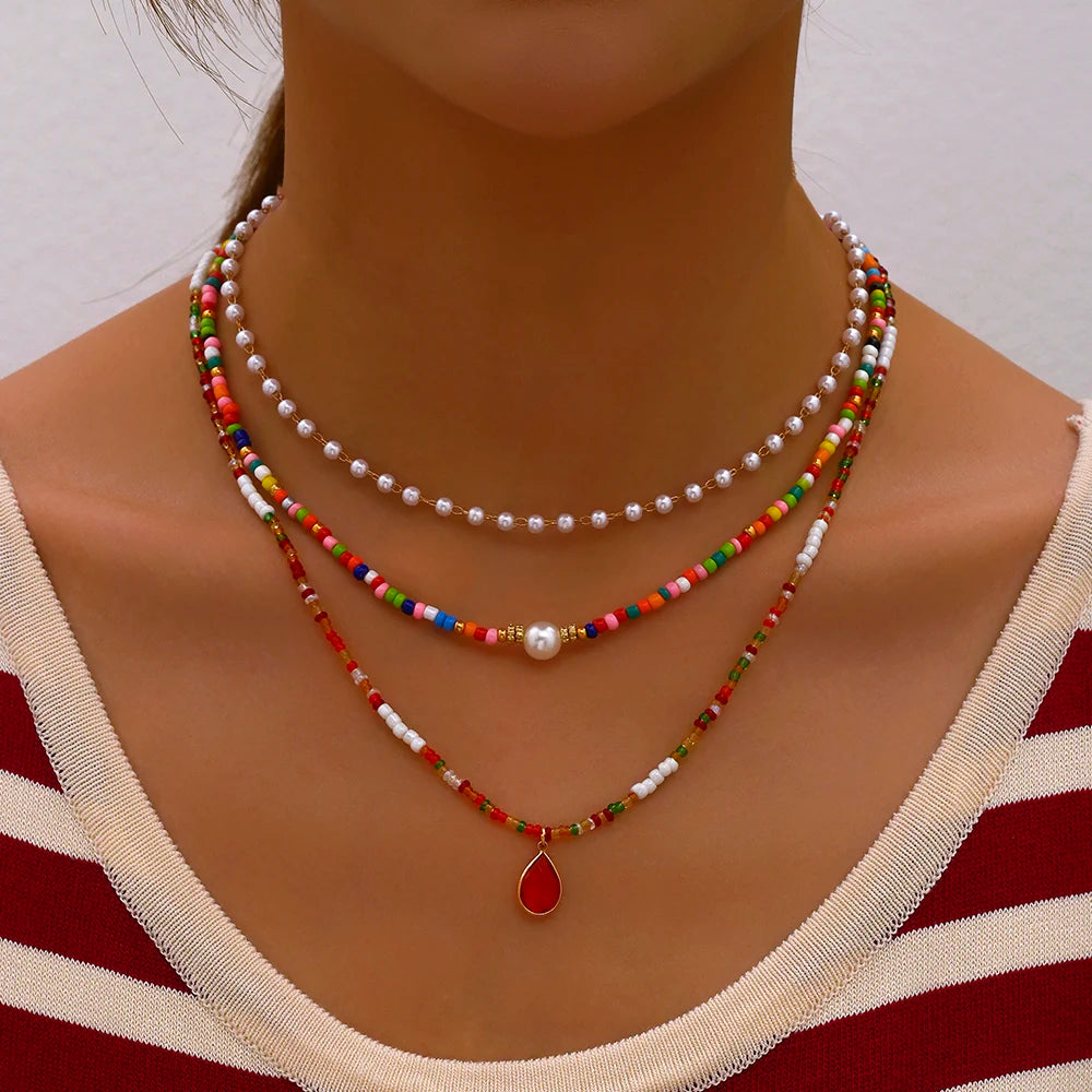 Bohemian Handmade Multilayer Beads Pearl Chain Fashion Necklaces Red Crystal Pendant Jewelry For Women Accessories