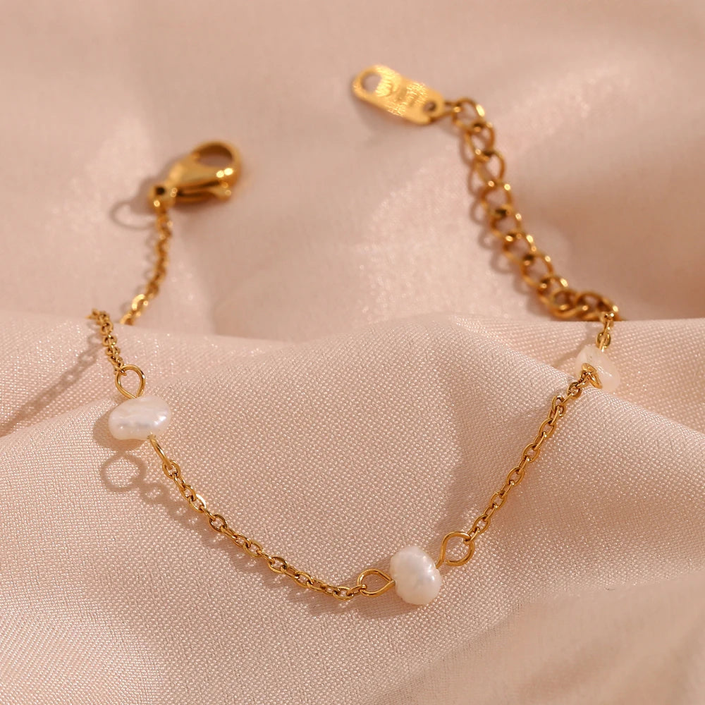 Stainless Steel Chain Freshwater Pearl Chain Necklace Bracelets For Women Gold Plated Jewelry Set