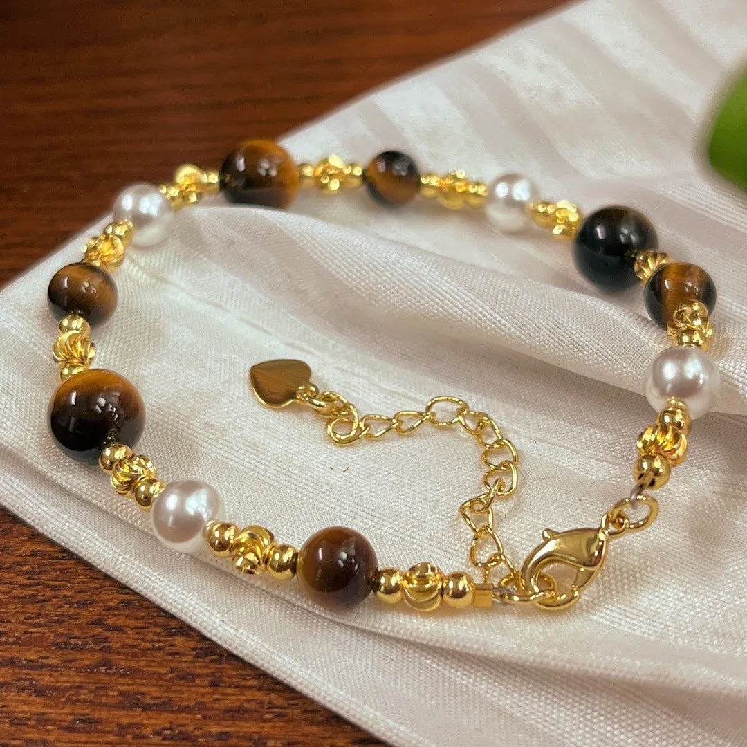 Natural Tiger Eye Stone Pearl Jewelry Set for Women Indian Style Necklaces and Bracelets Handmade Ethnic Accessories