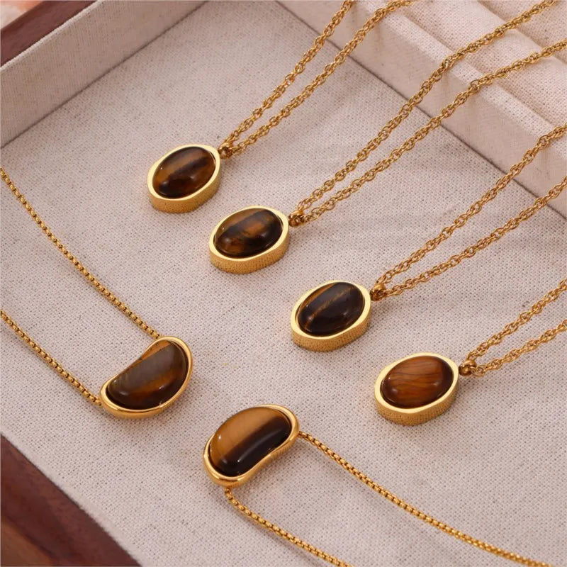 Tiger Eye Stone Pendant Necklace For Women Stainless Steel 18K Gold Plated Waterproof Women's Necklaces Girls Neck Chain Choker