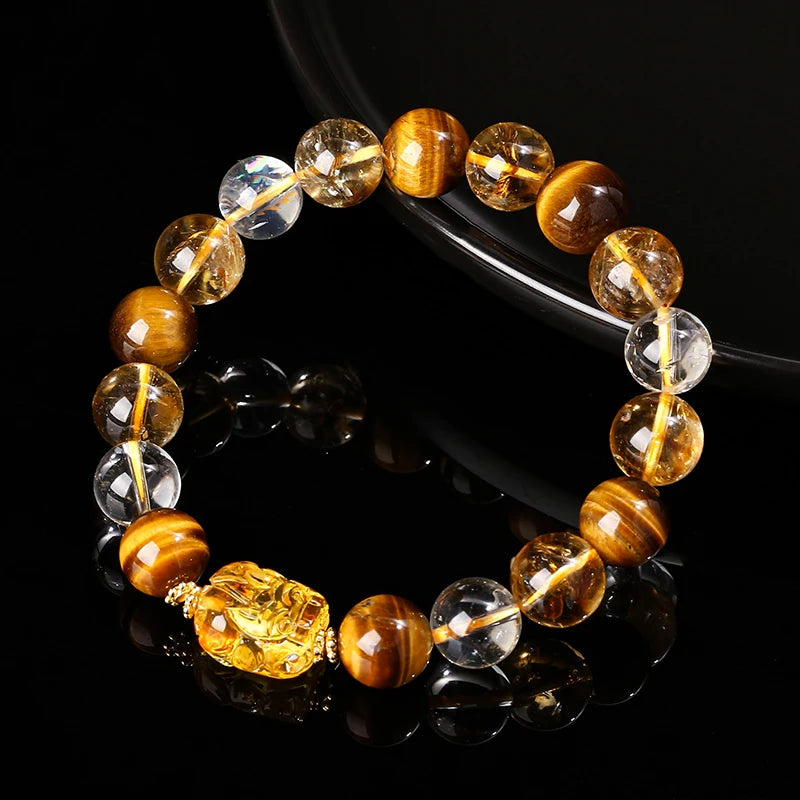 Natural Yellow Tiger Eye Stone Citrine Beeswax Pixiu Wealth Lucky Bracelet Women Men New Design Handmade Feng Shui Jewelry