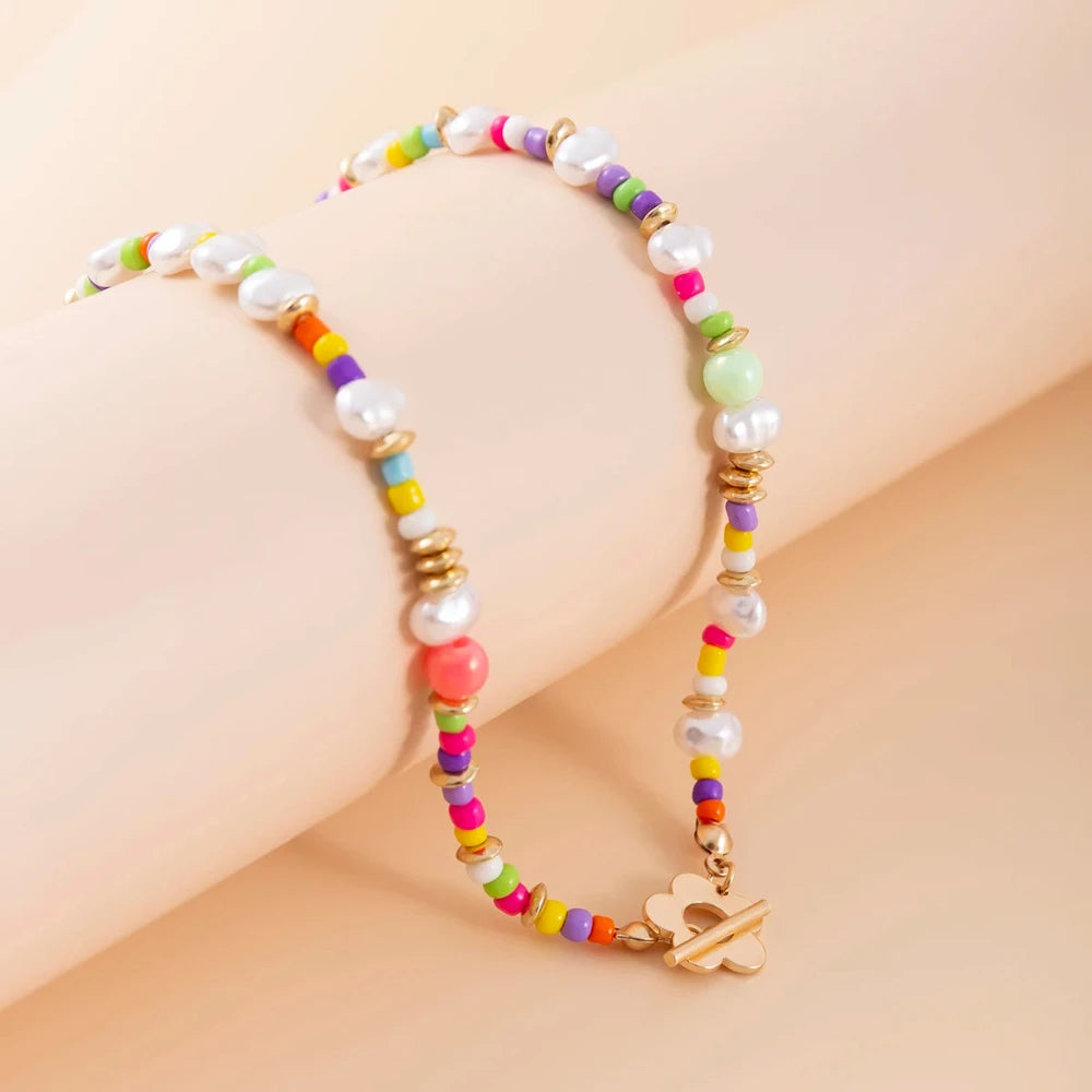 Baroque Imitation Pearls Necklace For Women Boho Colorful Seed Beads Chain Choker Geometric Flowers Clasp Pendant Collar Jewelry