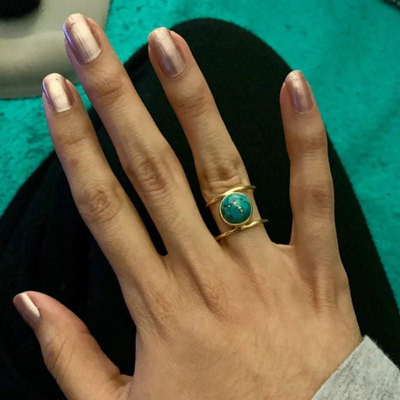  New Bohemian Large Round Turquoise Stone Rings for Women Vintage Double Layer Ring Retro  Jewelry Boho Band Ring