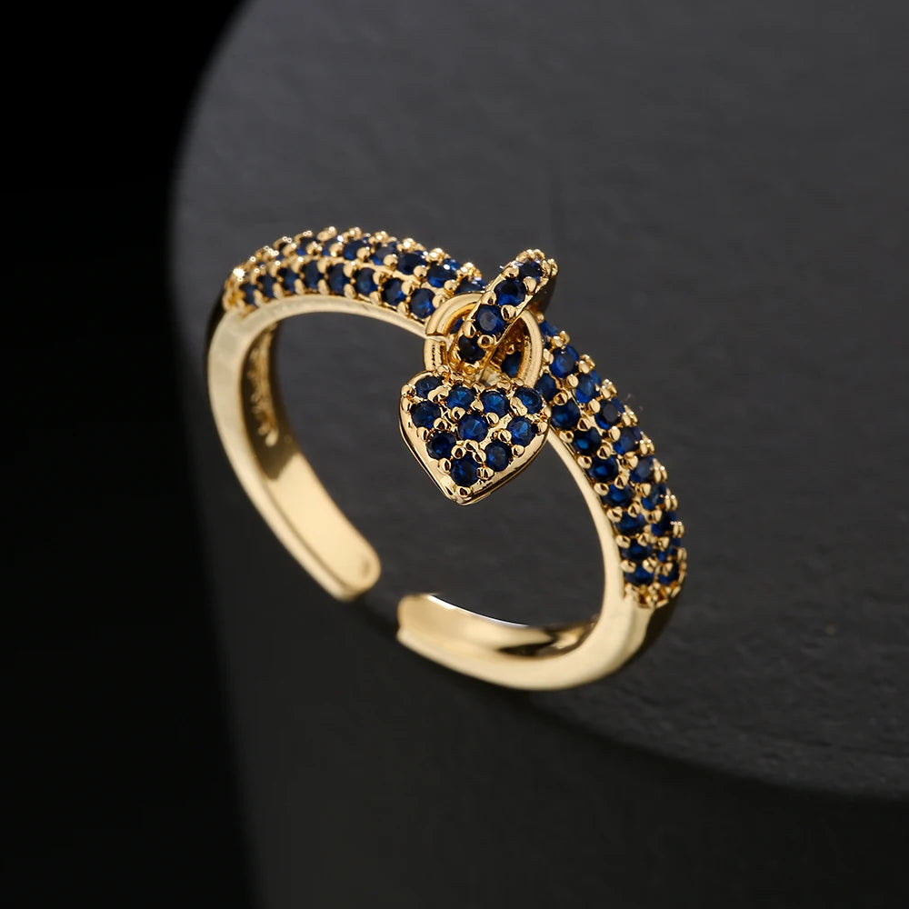 Fashion Colourful Cubic Zirconia Pave Setting Wedding Jewelry Trendy Gold Color Heart Charm Finger Ring For Women