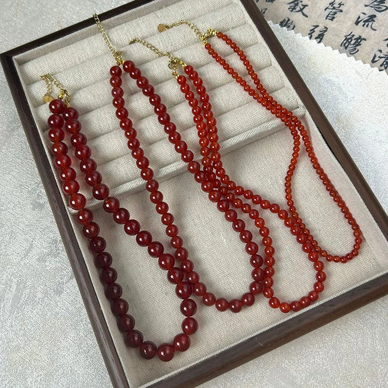 Red Faceted Agate Natural Stone Beads Crystal Round  Jewelry Necklace