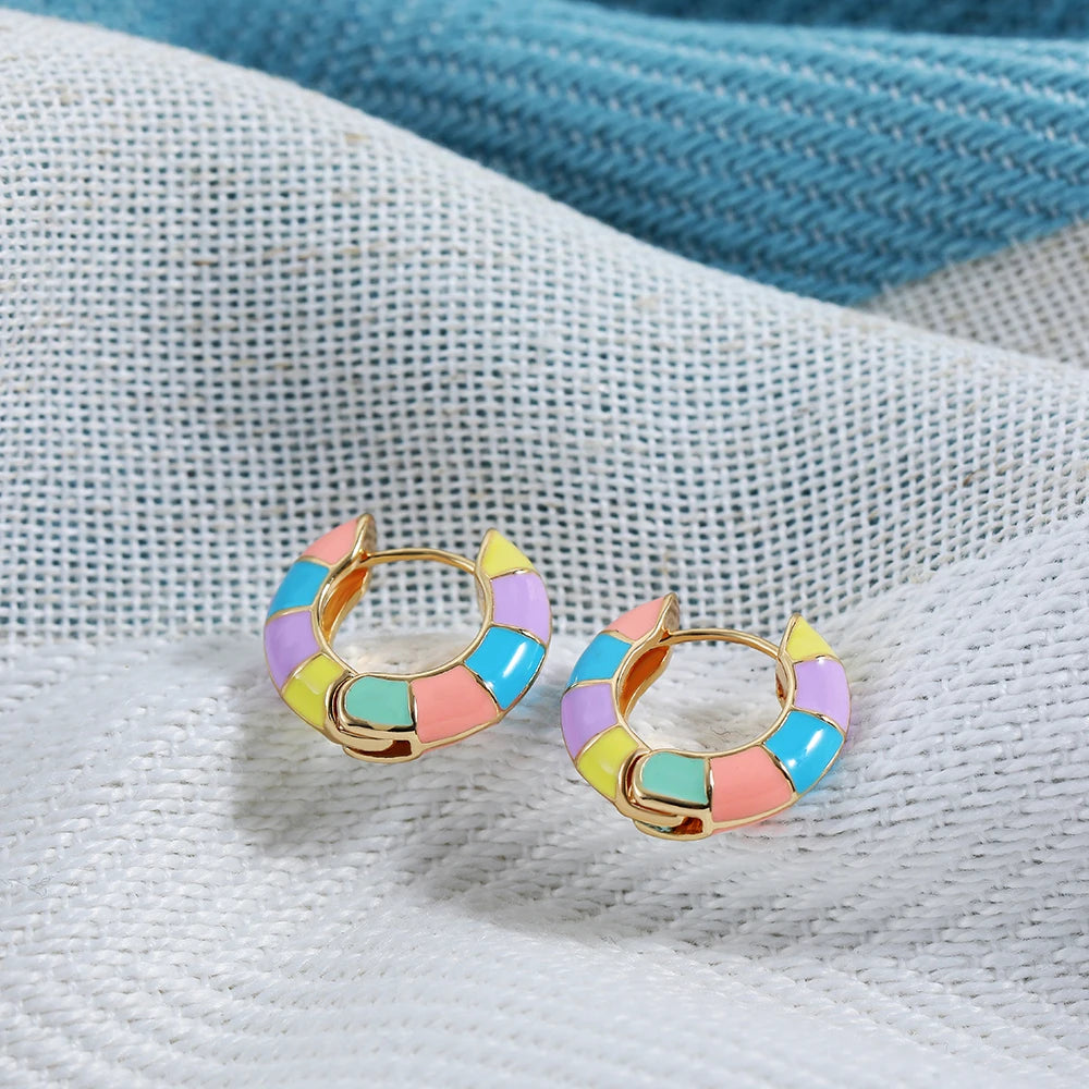 Cute Enamel Colorful Block Huggies Earrings for Women Rainbow Color Gold Plated Round Circle Ear Buckles Tiny Piercing Earrings