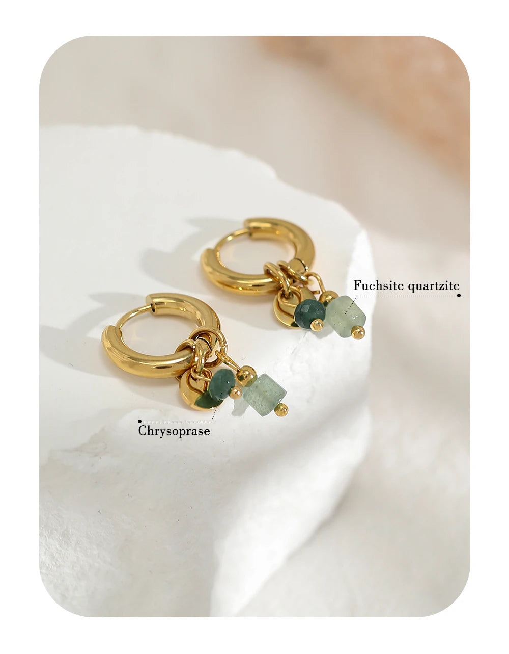 Gold Plated Stainless Steel Hoop Earrings for Women Vintage Green Natural Stone Charms Trendy Waterproof Jewelry