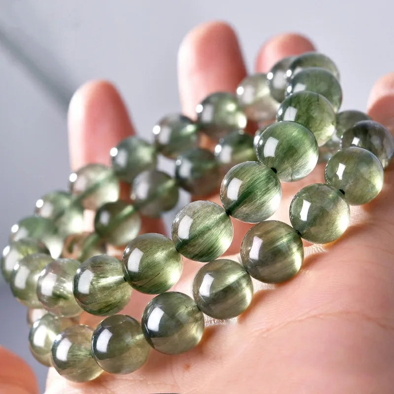 Natural Green Rutilated Quartz Beaded Bracelet – Gemstone Jewelry for Men and Women