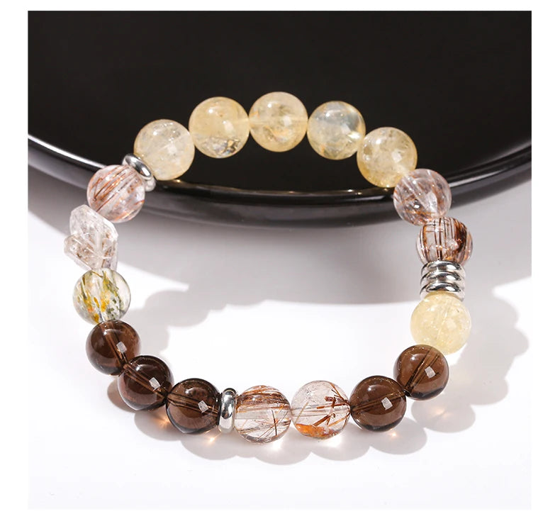 Natural Rutilated Quartz Citrine Smoky Quartz Combined Strand Bracelets Women Men Wealth Lucky Crystal Energy Beaded Jewelry