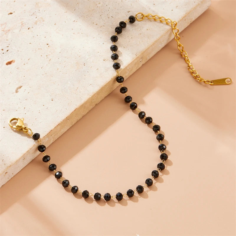 316L Stainless Concise Steel Black Glass Stone Necklace Bracelet Suit For Womens 2024 New TrendNon-fading jewelry Set