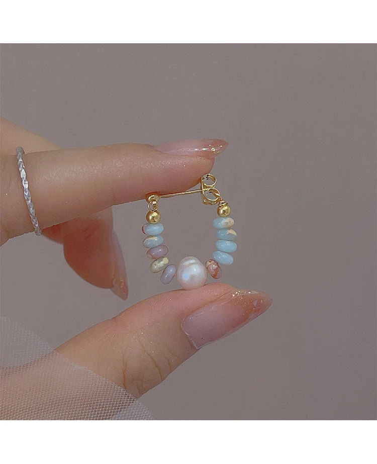 Vacation style Design Natural Stone Beaded Pearl Pendant Earrings