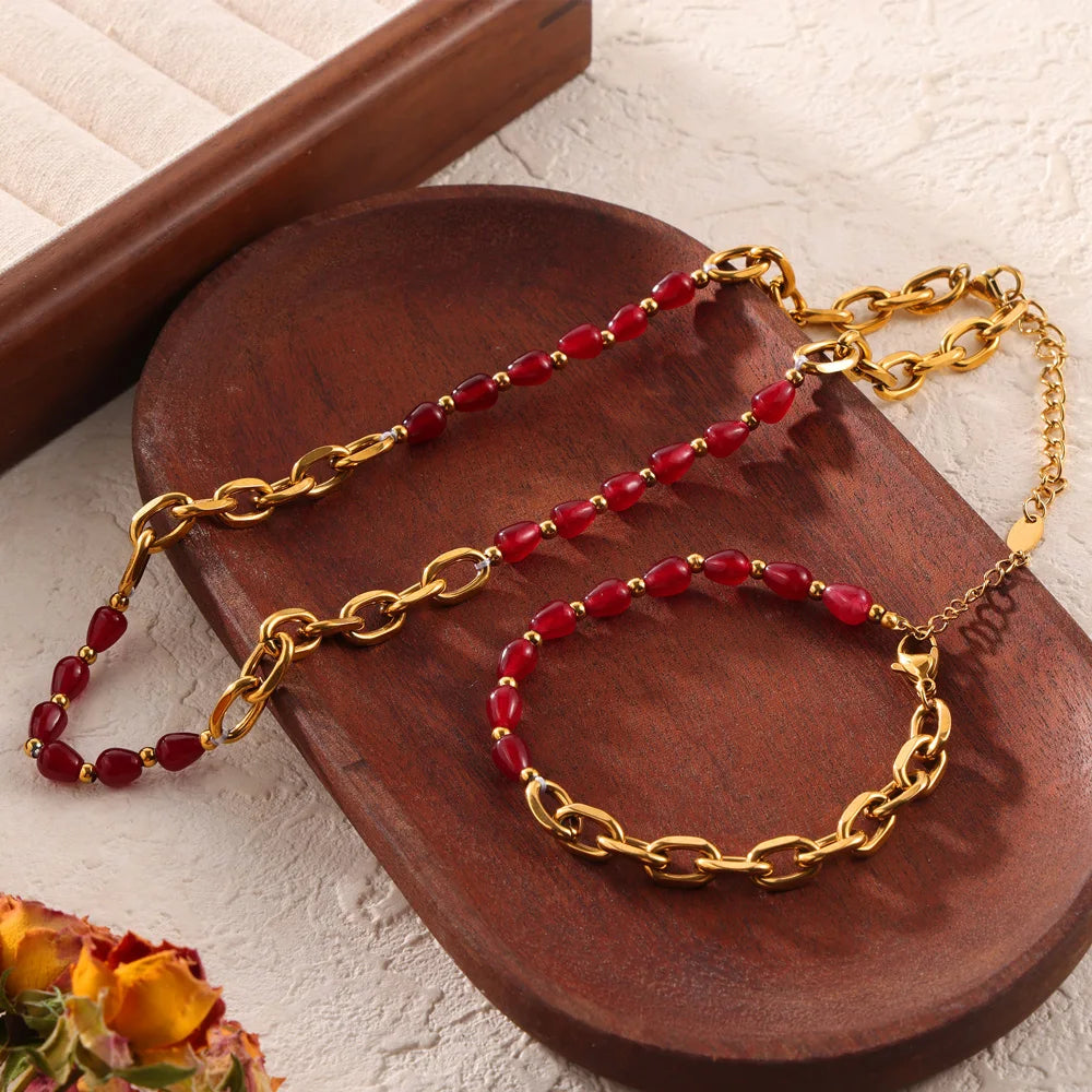 Enchanting Necklace Bracelet Set for Women Red Agate Stainless Steel Designer Fashion Charm Jewelry