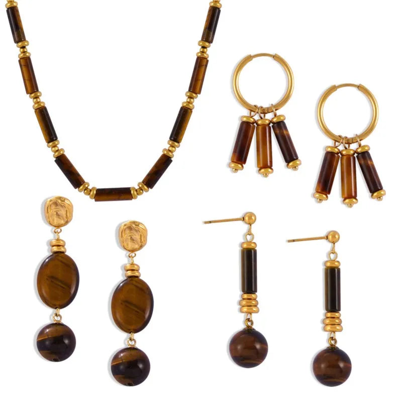 Tiger-eye Stone Beads Drop Earrings Necklace Stainless Steel Gold Plated Stud Earring Necklaces For Women Jewelry Set