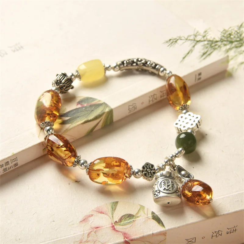 Vintage Women's Natural Piebald Amber Bracelet Amber S925 Sterling Silver Thai Silver Elbow Lucky Bag DIY Design Bracelet