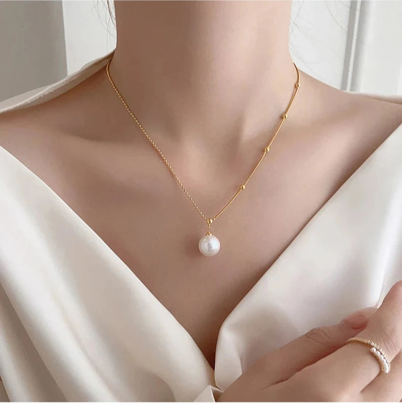 New Stainless steel Bead Chain Splicing Pearl Pendant Necklace For Womens Fashion Accessories Jewelry