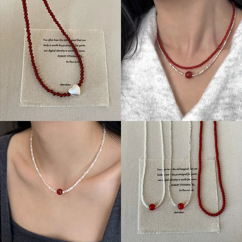 Silver Water Wave Chain Red Agate Beads Heart Beaded Pendant Necklaces for Women Gold Silver Plated Sweater Chain