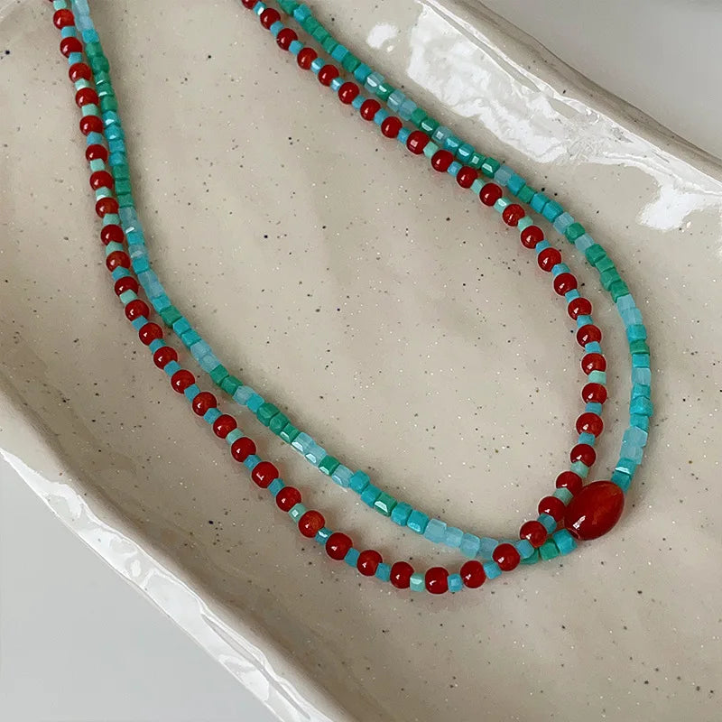 Retro Red Blue Contrast Color Natural Stone Cubes Beaded Necklace for Women  Silver Chain Beads Strand Chokers