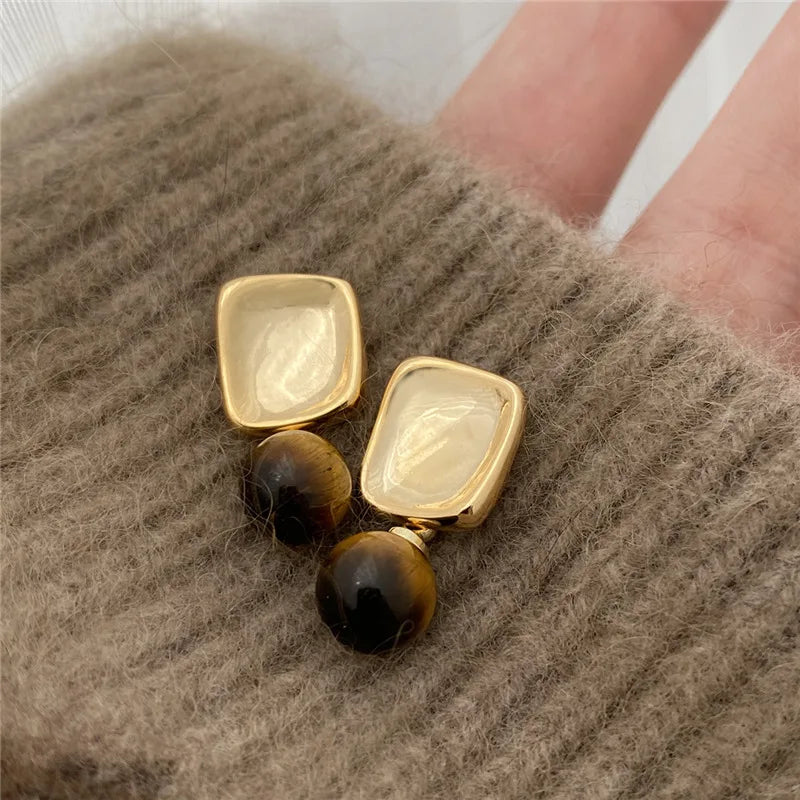 New Europe Style Geometric Metal Tiger Eye Stone Earrings For Women Personality Drop Earrings Jewelry Gift