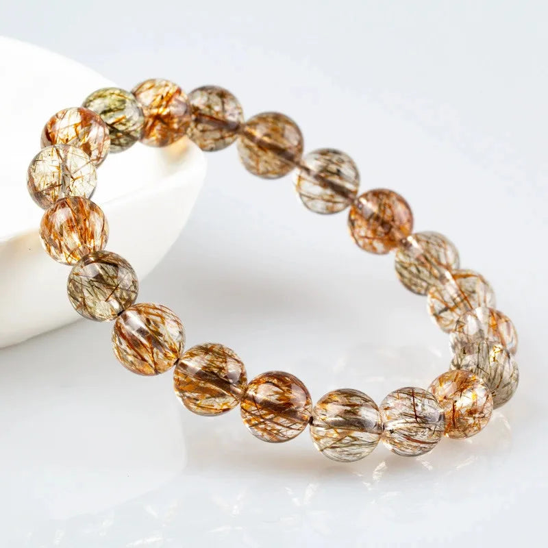 Natural Black Gold Rutilated Quartz Clear Round Beads Bracelet Stretch Super Seven 7 Women Men Orange Rutilated AAAAAA