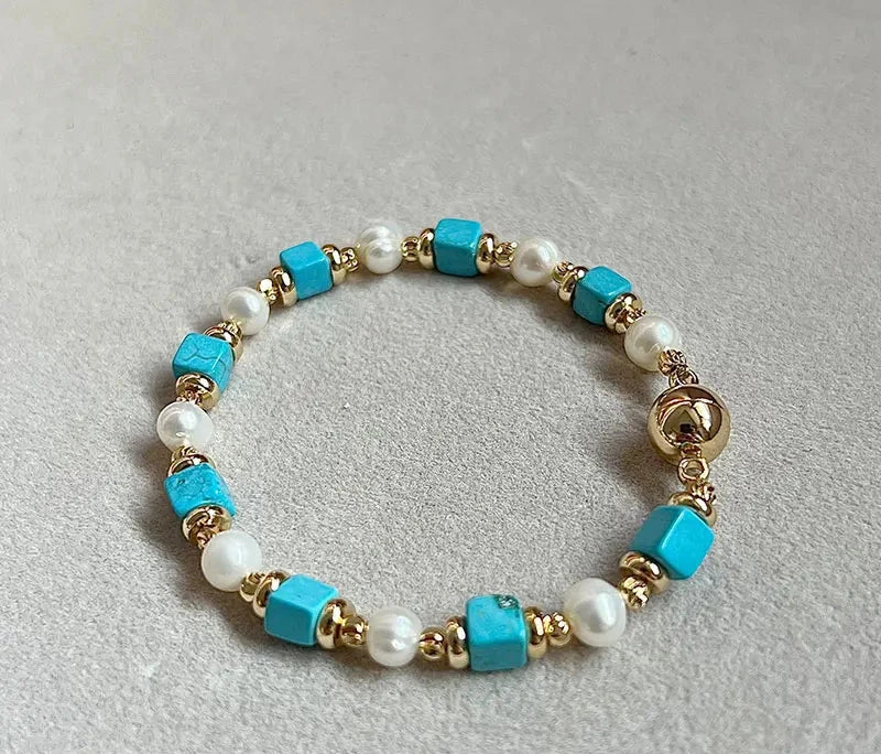 Natural Turquoise Freshwater Pearl Necklace Bracelet Copper Plated 14K Gold Accessories