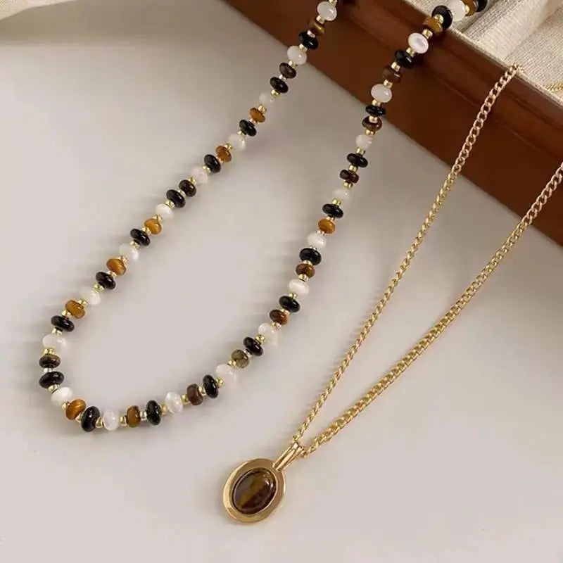 Vintage Double Layered Tiger Eye Stone Pendant Necklace for Women Gothic Handmade Beaded Acrylic Choker Necklace Jewelry Gifts