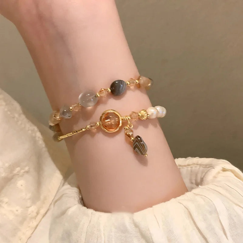 Elegant Pearl Crystal Jade Double Round Bracelet For Women Fashion Sweet Crystal Geometry Jewelry