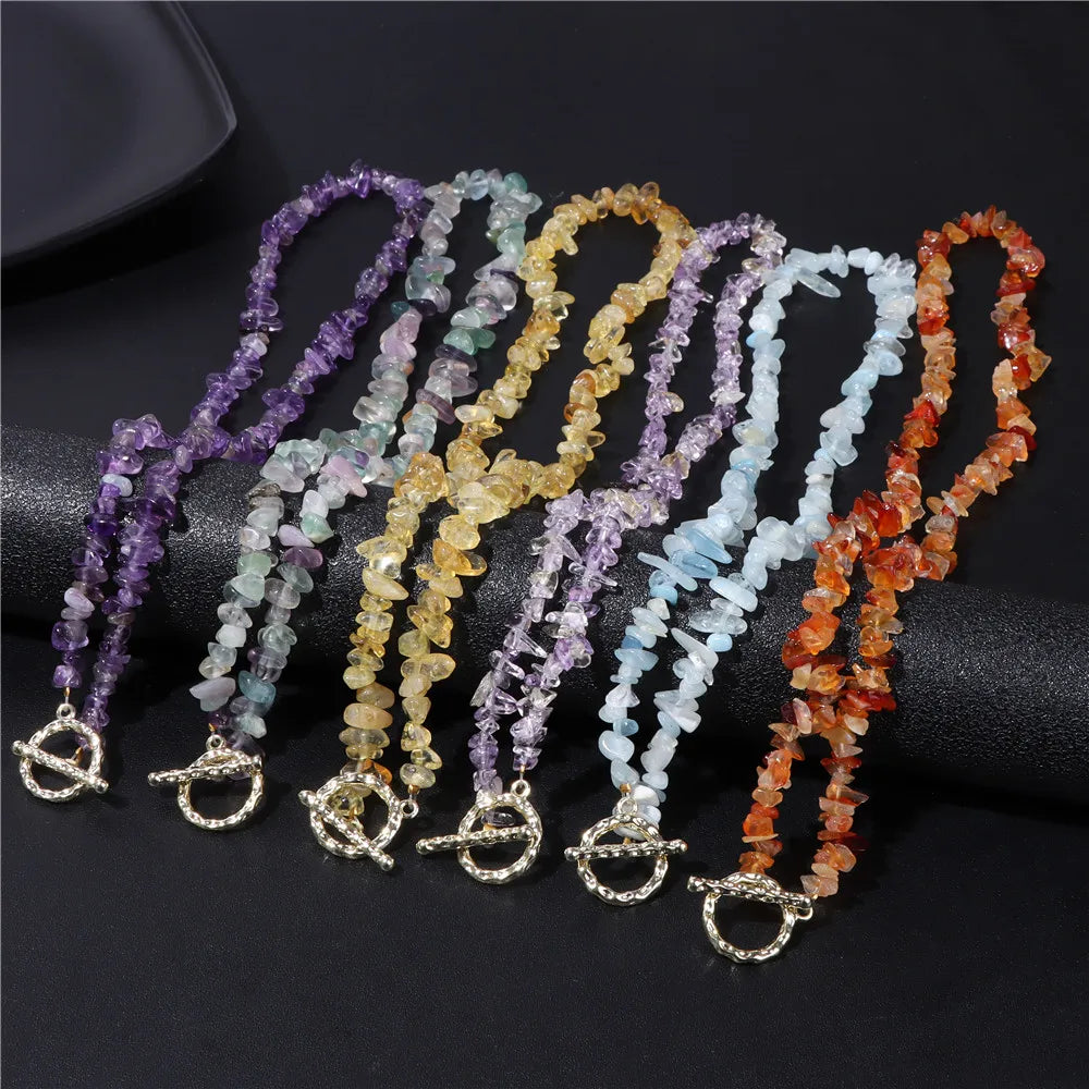 Natural Chip Stone Beads Necklaces  Amethysts Malachite Aquamarines Labradorite OT Buckle Chain Necklace Jewelry