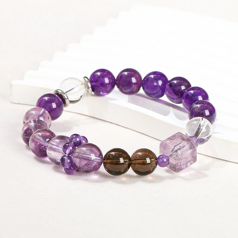 Natural Amethyst Rock Quartz Beads Round Ring Square Strand Bracelet Women Luxury Design Reiki Healing Charm Bangles Jewelry