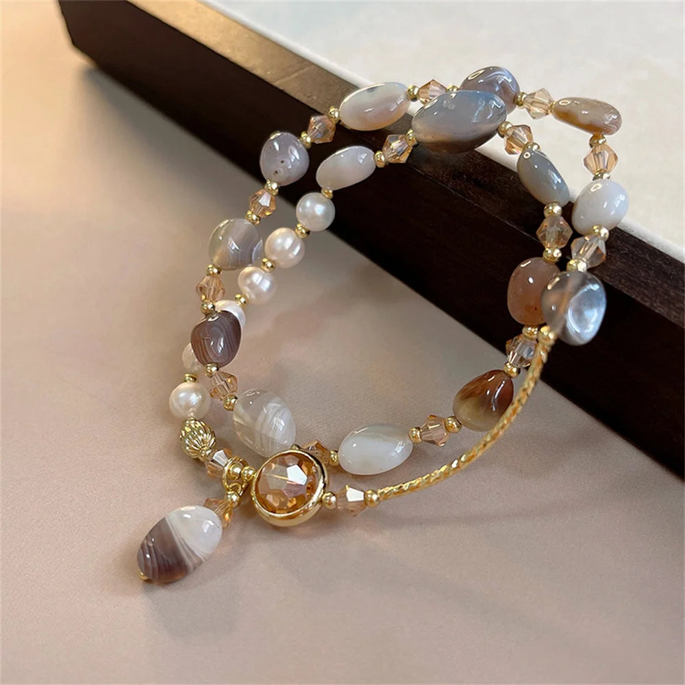 Elegant Pearl Crystal Jade Double Round Bracelet For Women Fashion Sweet Crystal Geometry Jewelry