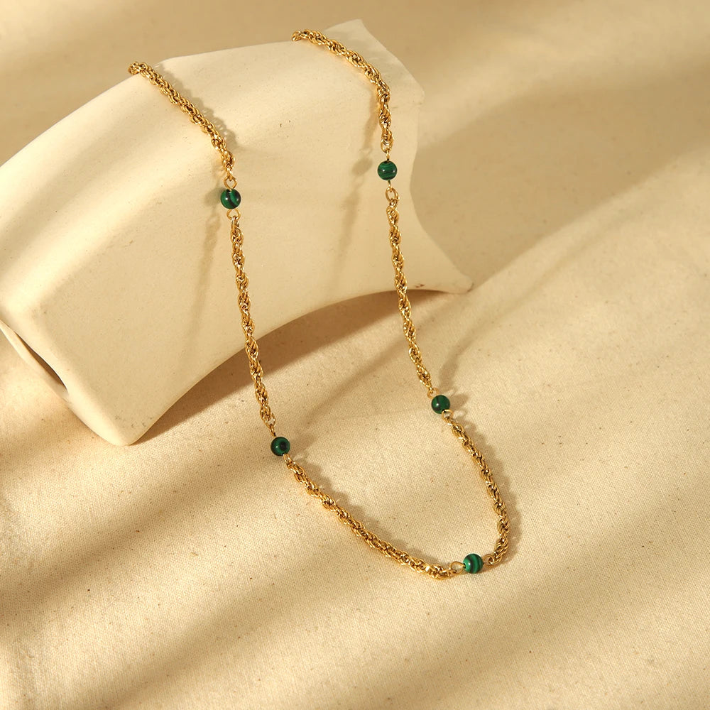 Stylish 16K Gold Plated Stainless Steel Synthesis Malachite Beads Necklaces Waterproof  Twist Chain Collar Necklace For Women