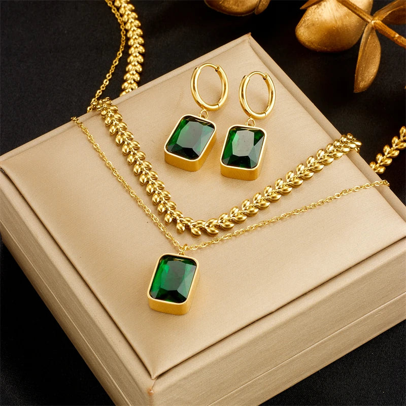 316L Stainless Steel Square Luxury Green Crystal Zircon Necklace Earrings For Women Fashion Non-fading Chain Jewelry Set