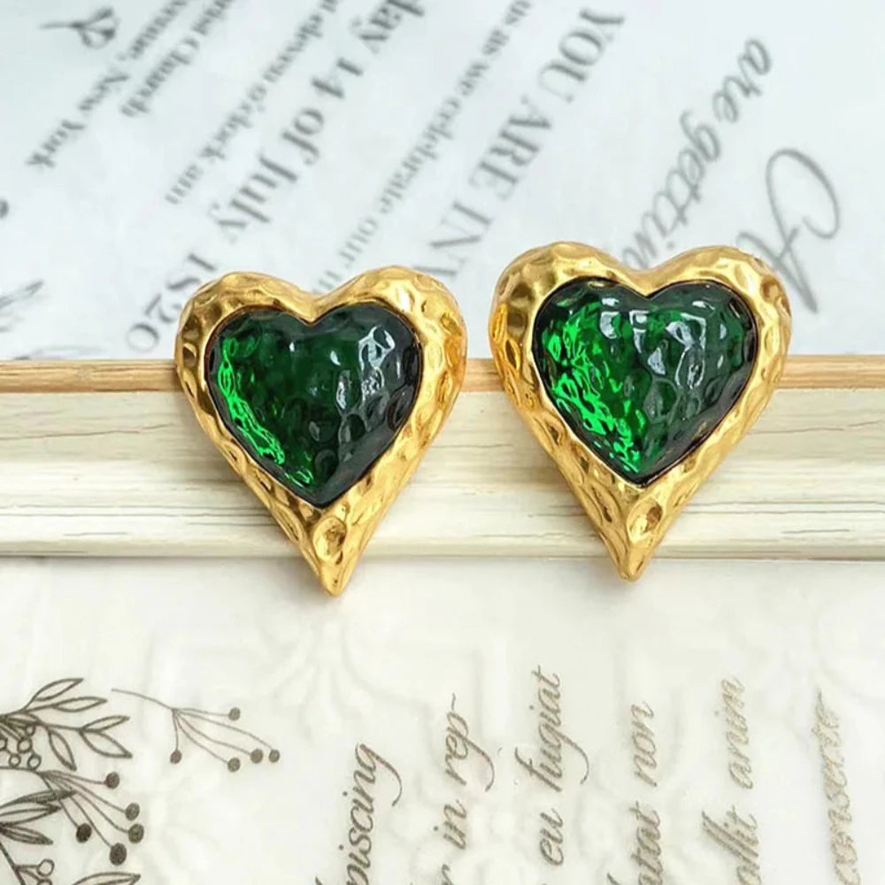 Vintage Copper Enamel Love Heart Irregular Convex Drop Glaze Stud Earrings Hollow Weave for Women Girls Jewelry