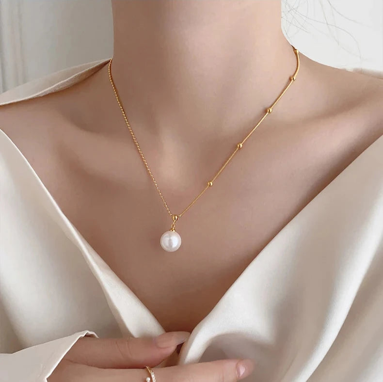 New Stainless steel Bead Chain Splicing Pearl Pendant Necklace For Womens Fashion Accessories Jewelry