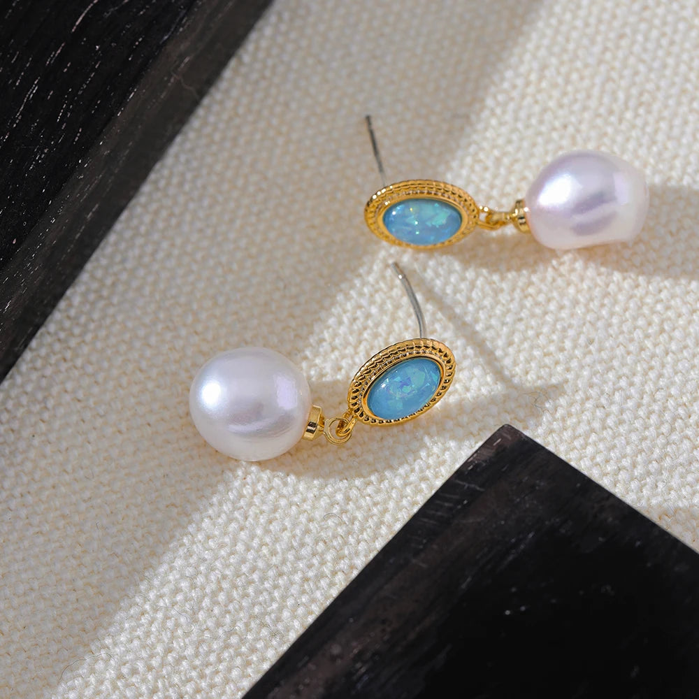 Luxury Blue Natural Freshwater Pearls Round Drop Earrings High Grade Elegant Charm Metal Copper Femme Jewelry Party Gift