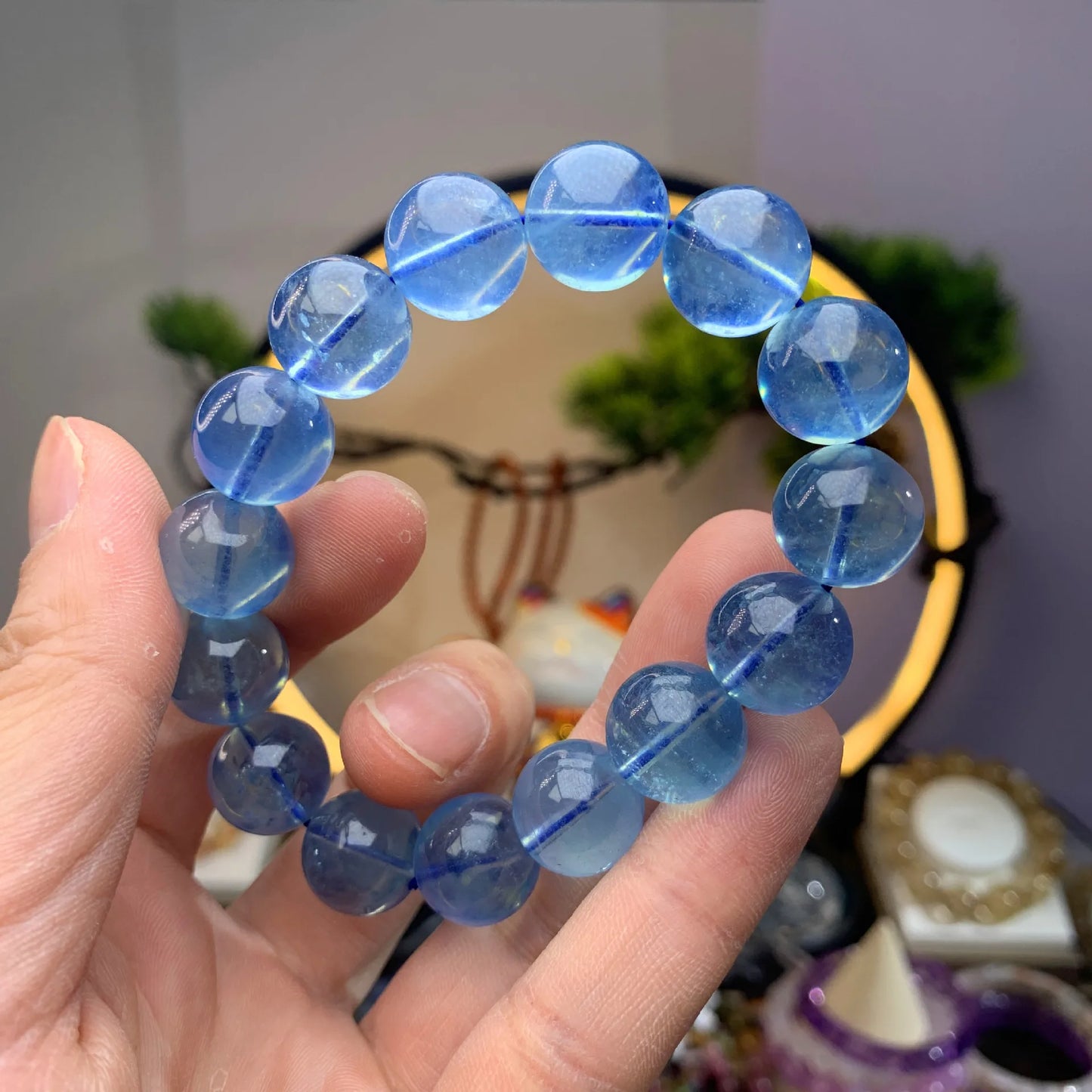 Natural Blue Ice Aquamarine Clear Round Beads Bracelet Women Men Blue Aquamarine Jewelry AAAAAA