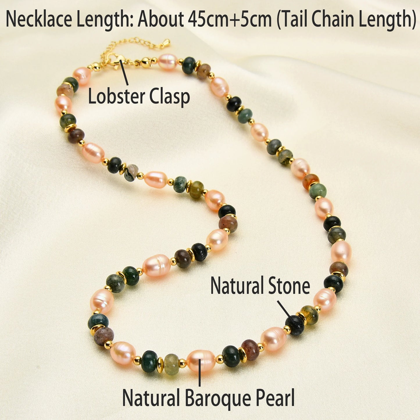 Baroque Natural Freshwater Pearl Necklace Natural Stone Colour India Agate Bead Clavicle Chain Niche Design Feeling Fresh Women