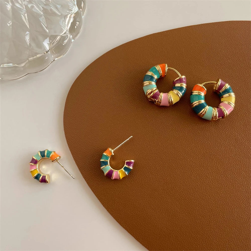 Fashion Multicolour Drip Oil Enamel Twisted Bamboo Joint Thick C Shape Hoop Earrings