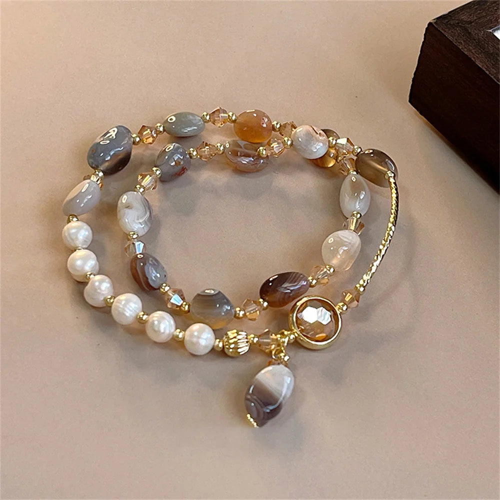 Elegant Pearl Crystal Jade Double Round Bracelet For Women Fashion Sweet Crystal Geometry Jewelry